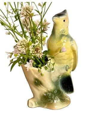 Vintage 1950's Royal Copley Vase Planter Bird on Tree 6" USA Art Pottery